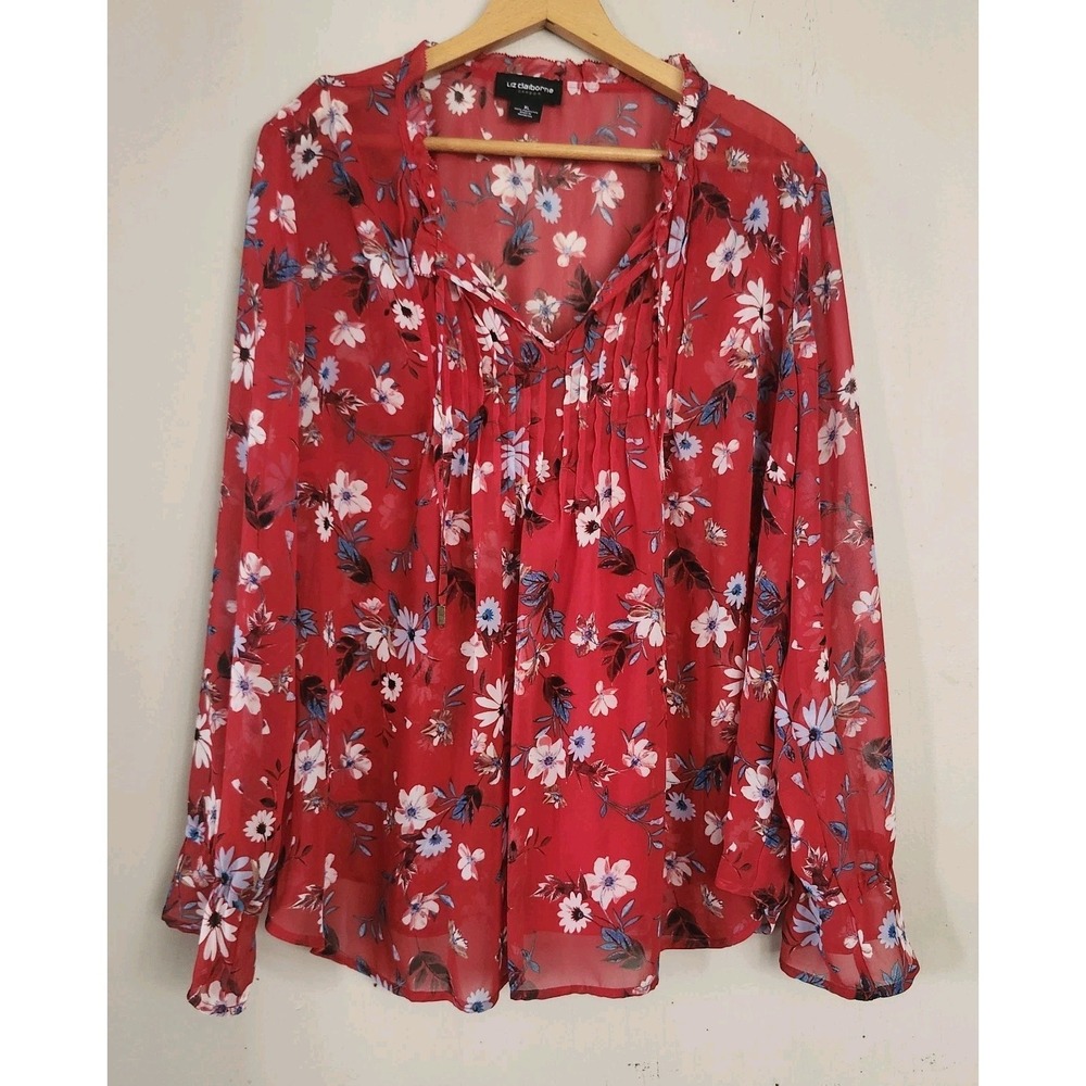 Liz Claiborne Career Womens XL Red Sheer Floral Top Blouse Attached Tank Top